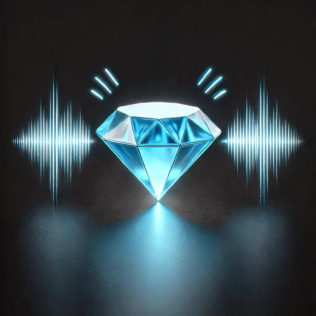 A glowing blue diamond, representing audittesting Gift Cards, rests on a dark surface with stylized blue soundwave patterns flanking each side, giving a futuristic and vibrant look.