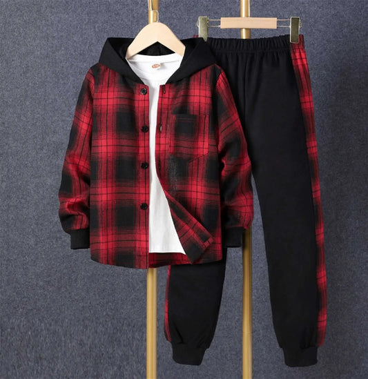 Reign + Sun toddler boy outfit: red and black plaid hooded shirt jacket, white tee, and black joggers with matching plaid stripes—perfect spring/autumn set for baby boys. Displayed on hangers against a gray background.