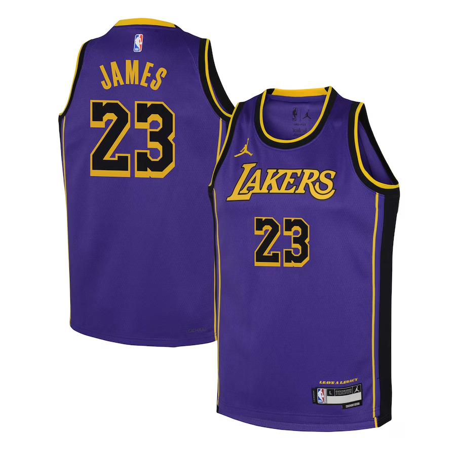 The Unisex Jordan Brand LeBron James Purple Los Angeles Lakers Swingman Jersey – Statement Edition by US Audit Testing features JAMES and 23 on the back, LAKERS with 23 on the front, plus NBA and Jordan logos—ideal for any fan’s collection.