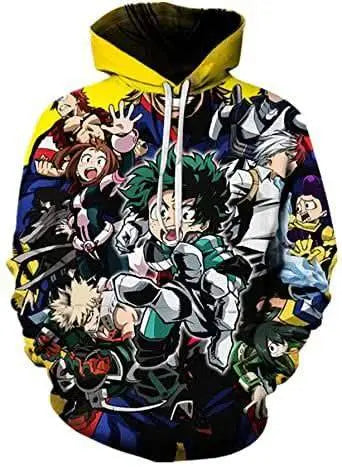 NorthAmericaTesting hoodie featuring My Hero Academia characters like Izuku Midoriya and Katsuki Bakugo in dynamic action poses on a vibrant, graphic background.
