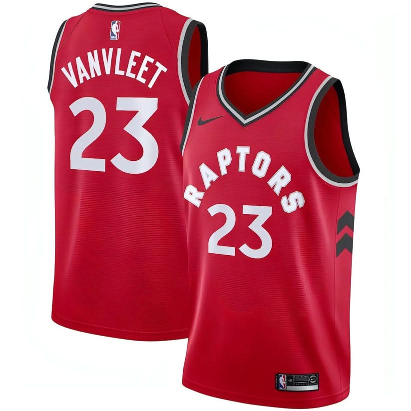 Two red US Audit Testing Toronto Raptors jerseys: one is a men's Nike Fred VanVleet jersey with “VANVLEET 23” on the back; the other shows “RAPTORS 23” on the front, both with NBA and Nike logos.