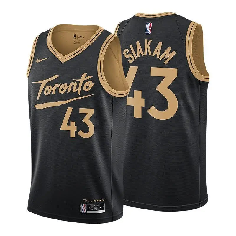 NorthAmericaTesting black and gold Toronto Raptors jersey with "Toronto" and #43 on the front, "Siakam" and #43 on the back, shown from both sides—a bold choice for any fan.