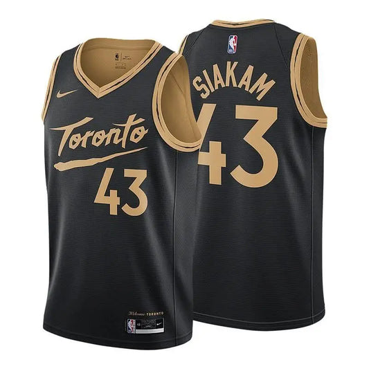 NorthAmericaTesting black and gold Toronto Raptors jersey with "Toronto" and #43 on the front, "Siakam" and #43 on the back, shown from both sides—a bold choice for any fan.