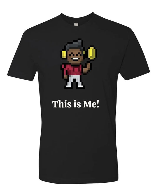 PrintTech black short sleeve crew t-shirt in soft ringspun cotton features a pixel art character with dark skin, headphones, red shirt, white pants, holding a yellow object. "This is Me!" text below.