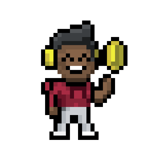 A pixel art character with dark skin, gray hair, yellow headphones, red shirt, and white pants smiles holding a yellow disc—styled in a PrintTech 3600 cotton short sleeve crew for ultimate comfort.