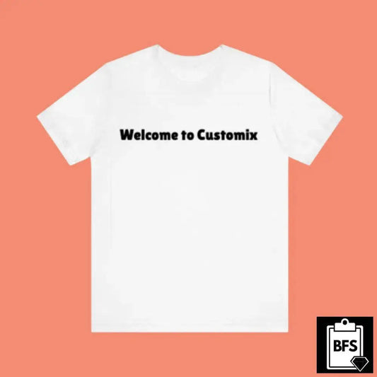The SAMPLE PRODUCT - TSHIRT by audittesting is a white tee with "Welcome to Customix" in bold black on the front, shown on a peach background. A black and white BFS logo appears at the bottom right corner.