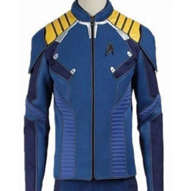 The NorthAmericaTesting blue sci-fi jacket features yellow shoulder accents, a zippered front, and a chest emblem, evoking Star Trek style. Displayed on a mannequin, it's ideal for standout Shopify store presentations.