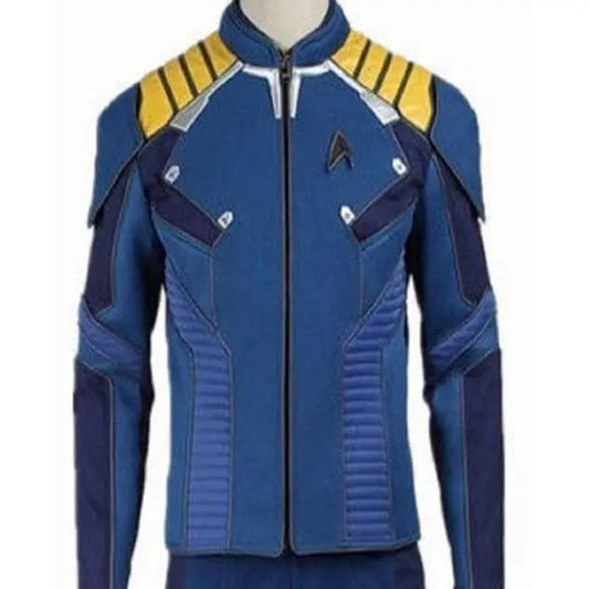 The NorthAmericaTesting blue sci-fi jacket features yellow shoulder accents, a zippered front, and a chest emblem, evoking Star Trek style. Displayed on a mannequin, it's ideal for standout Shopify store presentations.