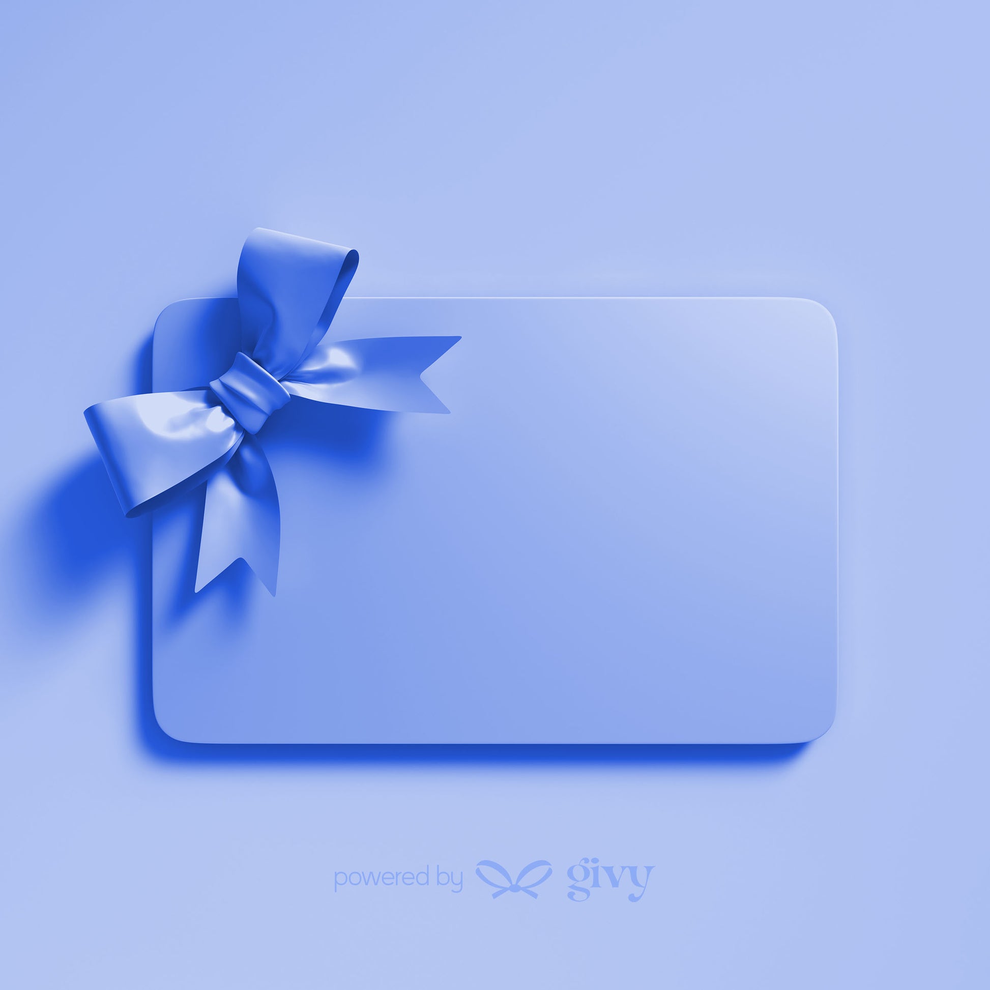 The Gift Card Givy from Givy features a rectangular light blue design with a large bow on the top left and butterfly icon, "Powered by givy" at the bottom—making it a stylish option for gift card lovers, perfect for any occasion.