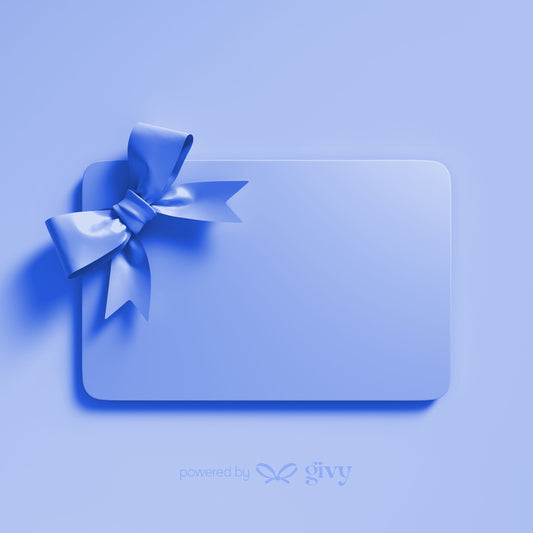 The Gift Card Givy from Givy features a rectangular light blue design with a large bow on the top left and butterfly icon, "Powered by givy" at the bottom—making it a stylish option for gift card lovers, perfect for any occasion.
