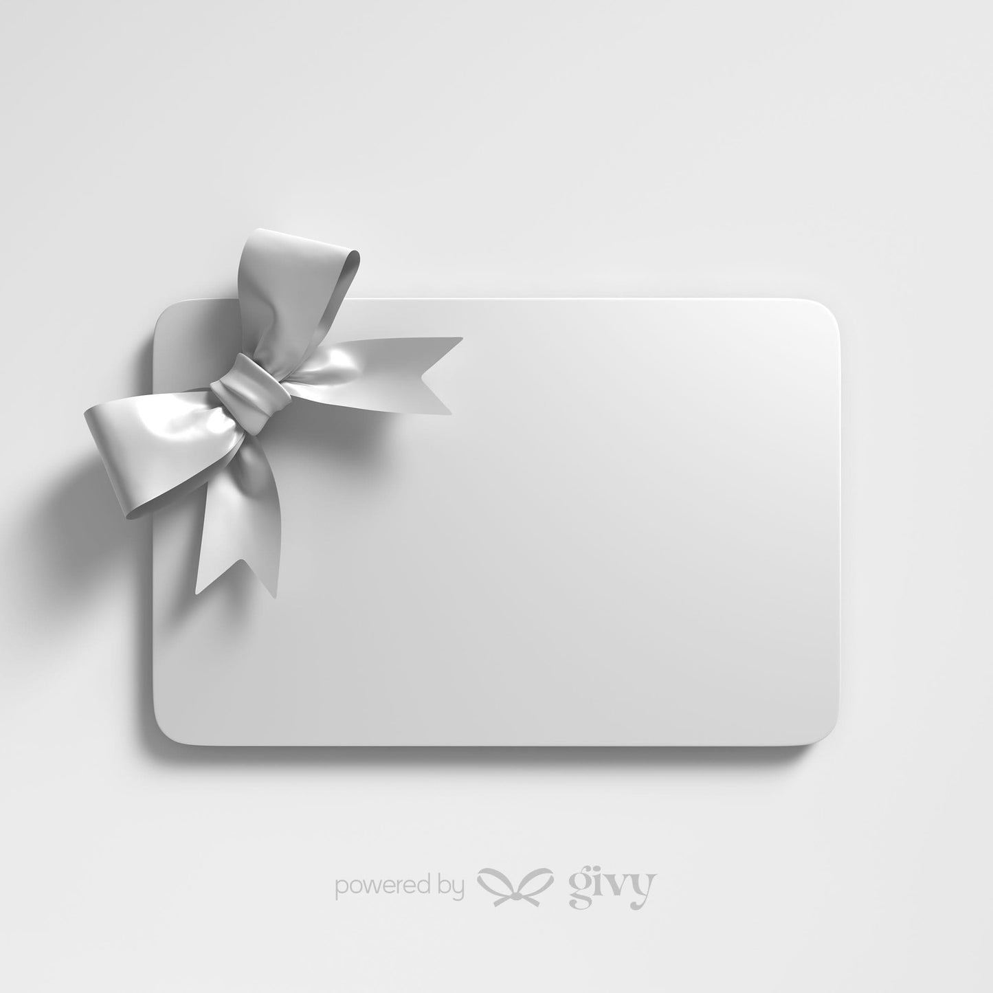A plain white Gift Card by Givy with rounded corners and a large ribbon bow in the top left, set on a white background. "Powered by Givy" is faintly visible at the bottom—the perfect gift for any occasion.