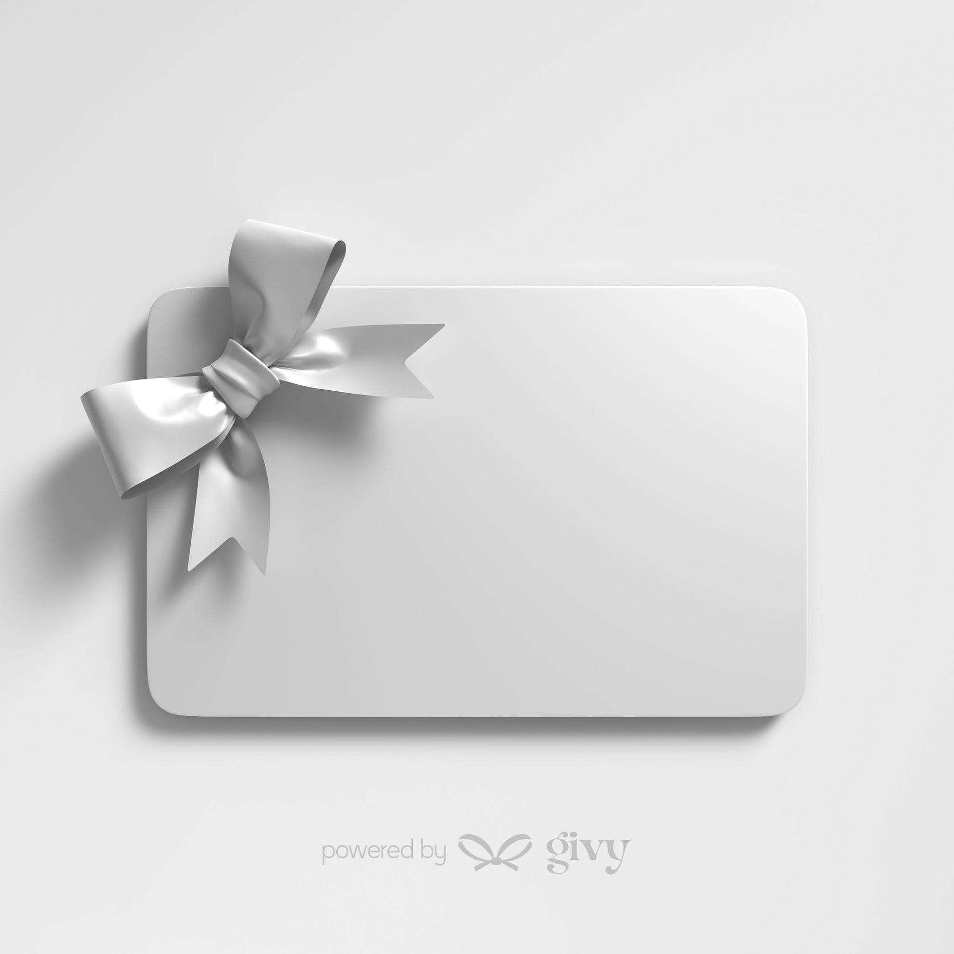 A blank white Givy Gift Card with a shiny silver bow in the top left rests on a white background. "Powered by Givy" and a butterfly logo appear at the bottom, making it a stylish and thoughtful gift choice.