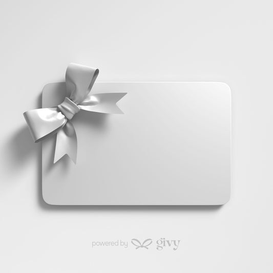 A blank white Givy Gift Card with a shiny silver bow in the top left rests on a white background. "Powered by Givy" and a butterfly logo appear at the bottom, making it a stylish and thoughtful gift choice.