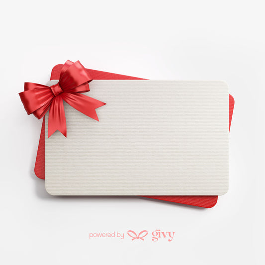 Two rectangular cards from Givy—one red with a bow, one white—are stacked on a white background, the white card on top. Below them, “powered by Givy” with a gift icon highlights Gift Card Givy 2 as the perfect gift for any occasion.